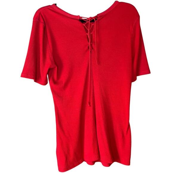 Who What Wear Red Short Sleeve Shirt Lace Up Back - Picture 2 of 5